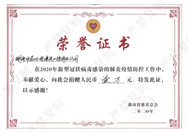 湖南慈善总会-新冠捐赠荣誉证书